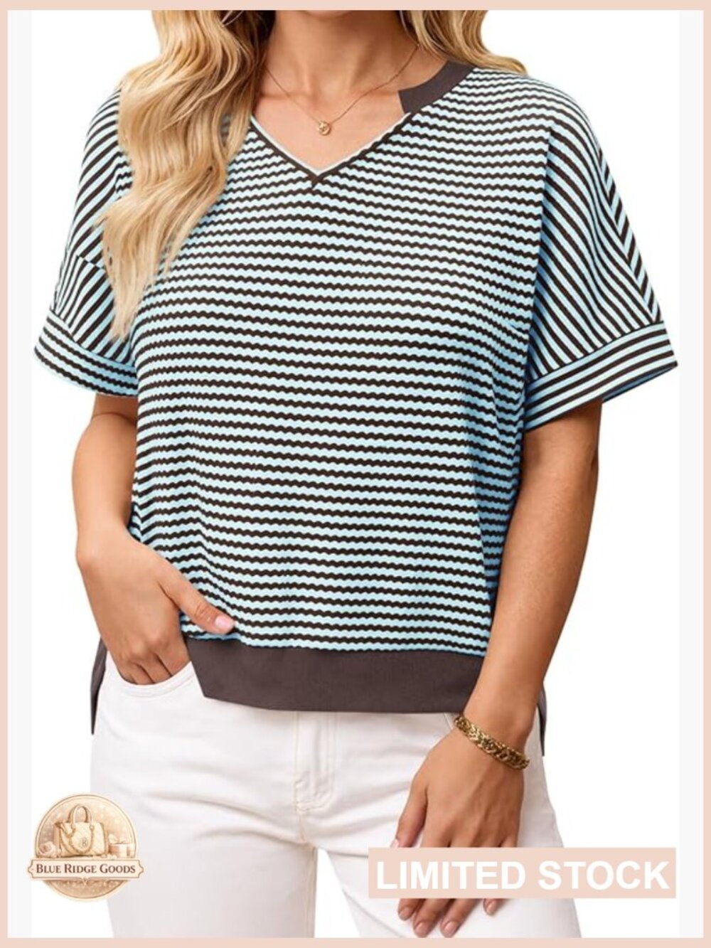 V-Neck Striped Pullover Summer Cropped Top Casual Loose Fit High Low Slit